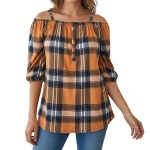 French Laundry Orange/Blue Plaid 3/4 Length Sleeve Shirt-Size XL-Elastic Neck
